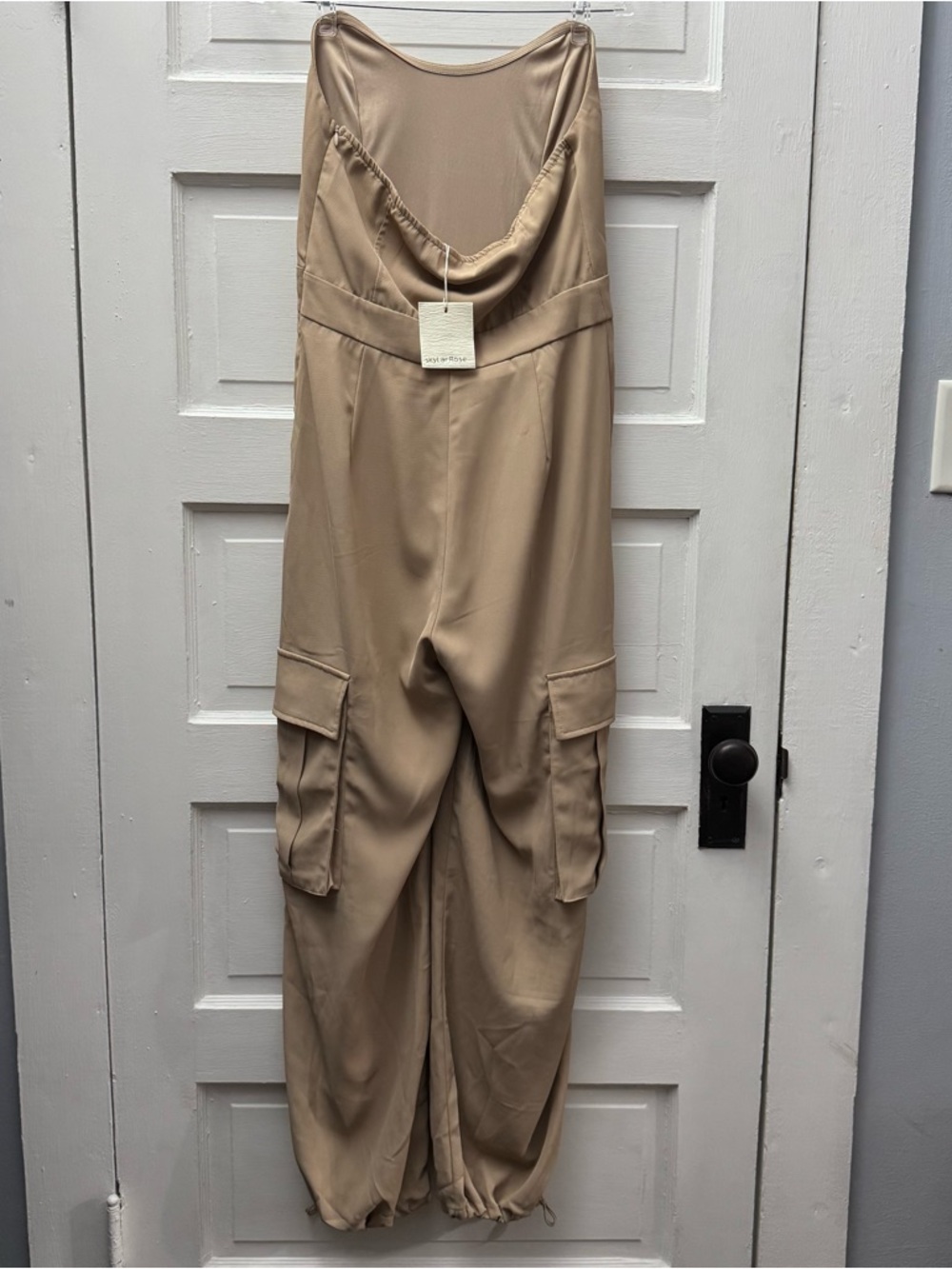 Skylar Rose Beige Strapless Cargo Jumpsuit Wide Leg Utility M - Picture 6 of 14